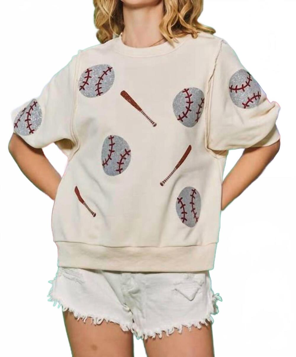 NEW ODDI baseball glitter crew neck sweatshirt in ivory